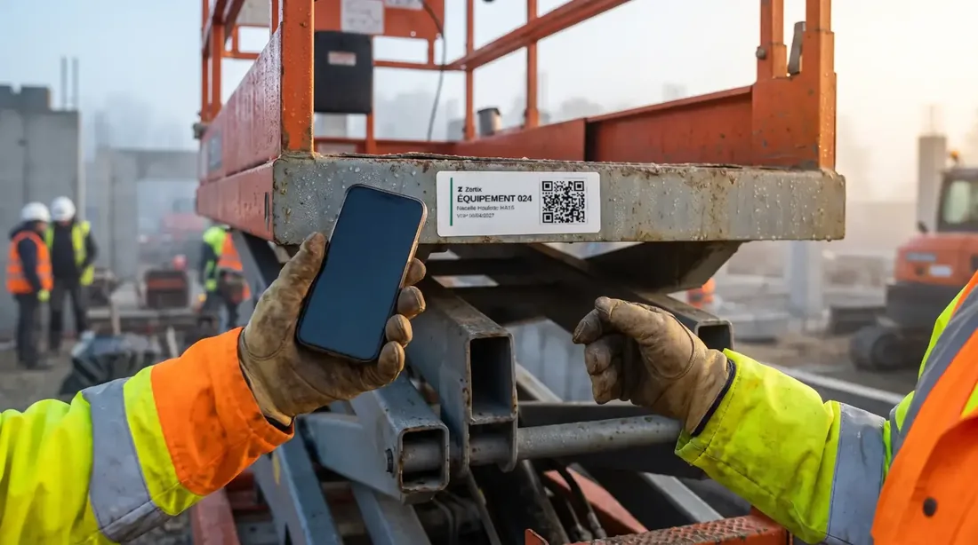 Sur un chantier au petit matin, une main gantée présente un téléphone devant l’étiquette fixée au châssis d’une nacelle élévatrice.