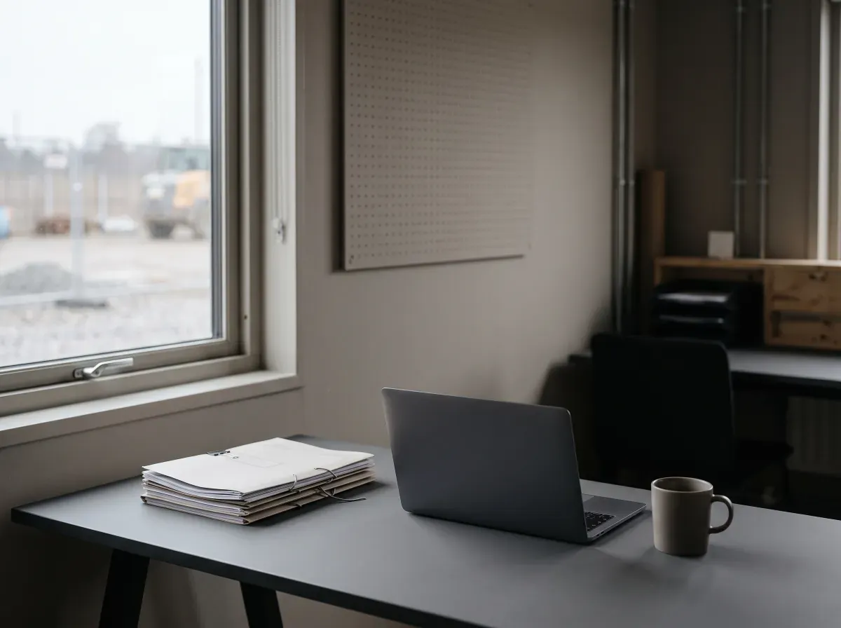 Bureau de chantier au petit matin : un ordinateur portable fermé, une pile de dossiers papier et une tasse sur une table, devant une fenêtre.