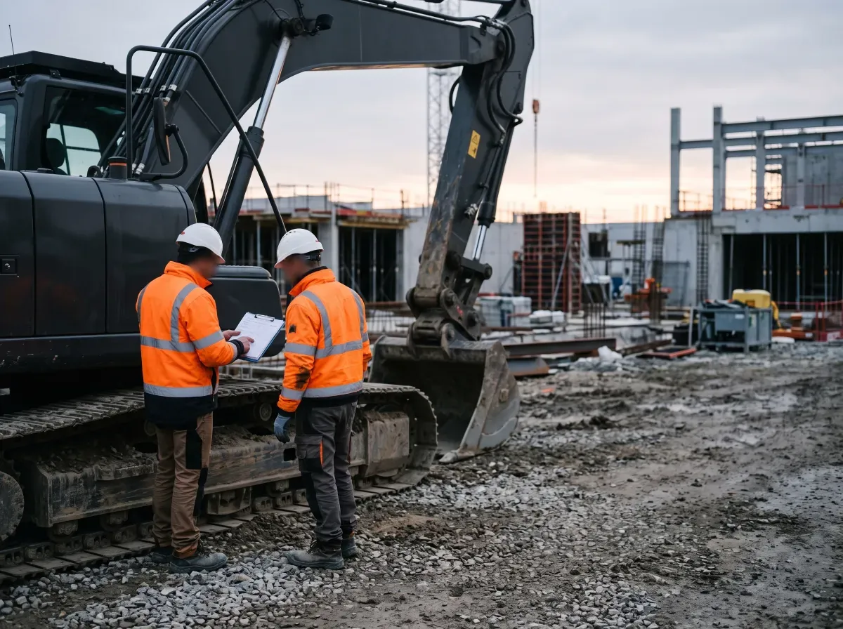 Deux compagnons en veste haute visibilité, de dos, vérifient une fiche sur un chantier au petit matin, à côté d’une pelle mécanique à l’arrêt.