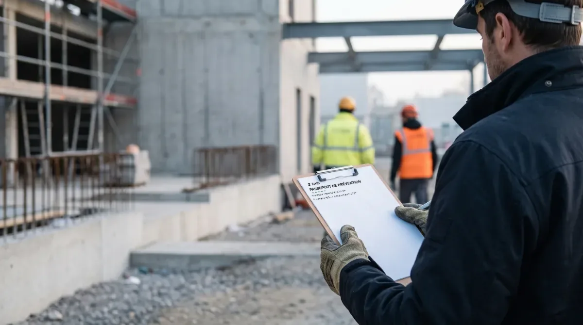 Sur un chantier, un responsable tient un presse-papiers portant un formulaire Zertix de déclaration des formations dispensées en interne. Deux compagnons travaillent en arrière-plan.